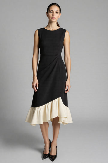 Black Satin A Line Jewel Neck Midi Work Dress with Ruffles